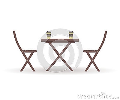 Concept of coffee time: wooden garden furniture or a set of furniture for the balcony: folding table with cardboard pistachio Vector Illustration