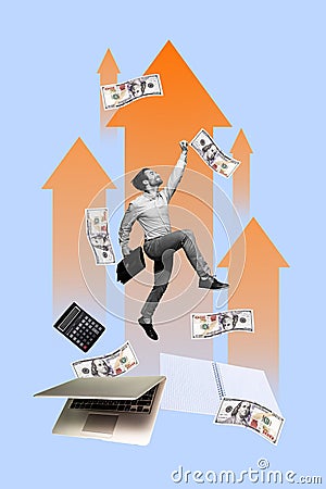 Concept collage of successful financial manager man jumping up to increase profit more income every year isolated on Stock Photo