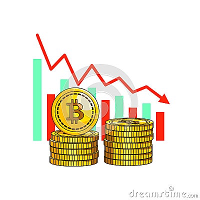 The concept of the collapse of bitcoin. Stack of coins and a graph. Color vector illustration in a flat style. Vector Illustration
