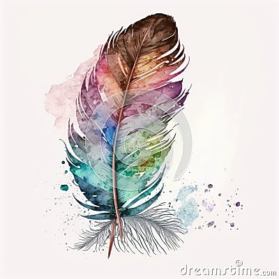 Concept of colorful boho feather isolated on white background in watercolor. Stock Photo