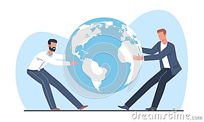 Concept of competition for title of world leader, two people tugging planet earth. Men and country confrontation Vector Illustration