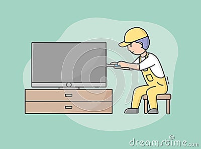 Concept Comprehensive Electrician Service. Professional Worker Repairman In Uniform Fixes TV. Character Repairs Or Vector Illustration