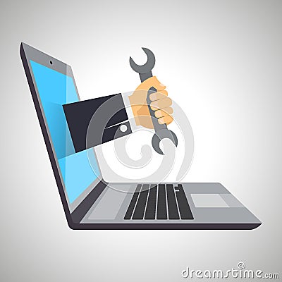 Concept of computer repairing service, isolated on white background. Laptop, hand with wrench. Vector Illustration