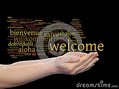 Welcome or greeting international word cloud in hand, different languages or multilingual Stock Photo