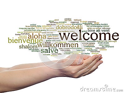 Abstract welcome or greeting international word cloud in hand Stock Photo