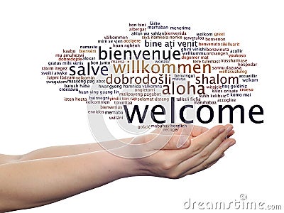 Abstract welcome or greeting international word cloud in hand, different languages or multilingual isolated Stock Photo