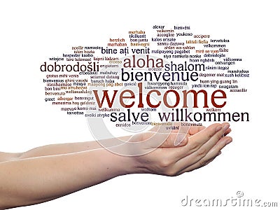 Abstract welcome or greeting international word cloud in hand, different languages or multilingual Stock Photo