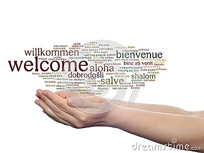 Abstract welcome or greeting international word cloud in hand, different languages or multilingual isolated Stock Photo