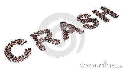 Large community of people forming the word CRASH. 3d illustration metaphor for economic and financial crisis Cartoon Illustration