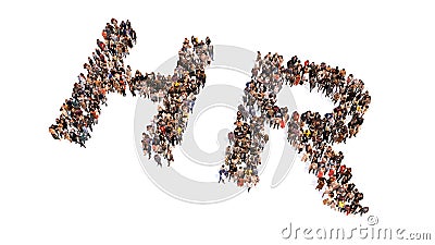 Large community of people forming the the word HR . 3d illustration metaphor for recruitement, position Cartoon Illustration