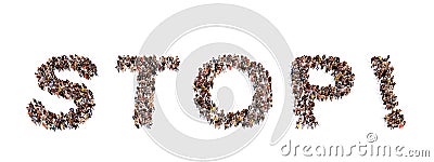 Large community of people forming the word STOP. 3d illustration metaphor for physical and verbal abuse Cartoon Illustration