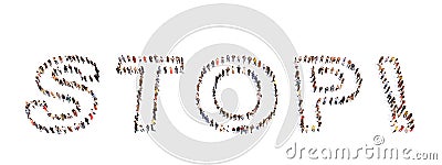 Large community of people forming the word STOP. 3d illustration metaphor for physical and verbal abuse Cartoon Illustration