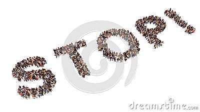 Conceptual large community of people forming the word STOP. 3d illustration metaphor for physical and verbal abuse Cartoon Illustration