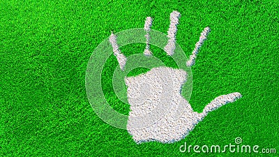 Ornamental gravel handprint on grass background Cartoon Illustration