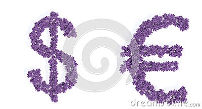 Set of beautiful blooming lupine bouquets forming the dollar and euro signs Cartoon Illustration