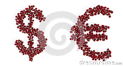 Set of beautiful blooming red roses bouquets forming the dollar and euro signs. Cartoon Illustration