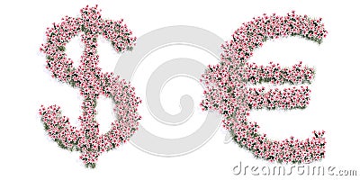 Set of beautifull blooming lilies bouquets forming the $ and euro signs. Cartoon Illustration