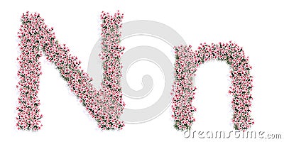 Set of beautifull blooming lilies bouquets forming the font N. 3d illustration metaphor for education Cartoon Illustration