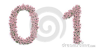 Sset of beautifull blooming lilies bouquets forming the fonts 0 and 1. Cartoon Illustration