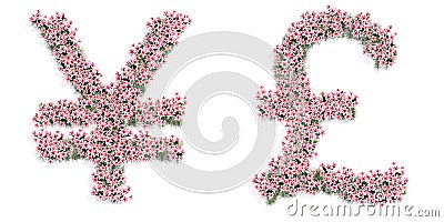 Set of beautifull blooming lilies bouquets forming the Â¥ and Â£ signs. Cartoon Illustration