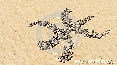 Stones on beach sand handmade symbol shape, golden sandy background, pisces zodiac sign Cartoon Illustration