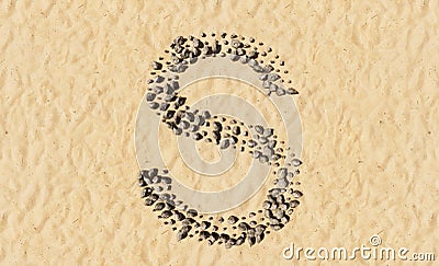 Stones on beach sand handmade symbol shape, golden sandy background, sign of S Cartoon Illustration