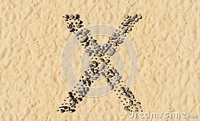 Stones on beach sand handmade symbol shape, golden sandy background, sign of X. Cartoon Illustration