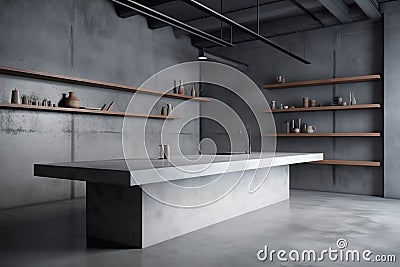 Concrete studio room background, loft texture wall floor plaster construction mockup, surface marble display grey cement shelf kit Stock Photo