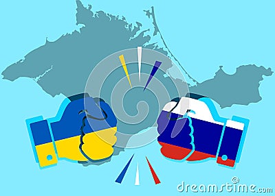 concept of confrontation between the neighboring countries with Crimea. Fists painted in the Ukrainian flag and the colors of the Vector Illustration
