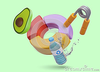 Concept of control of physical health. Training and diet. Color pie chart, water bottle, expander Vector Illustration
