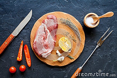 Concept cooking meat steak on dark background top view Stock Photo