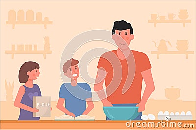 Concept of cooking together with kids. Father baking with son and daughter. Children helping parents with home chores Vector Illustration