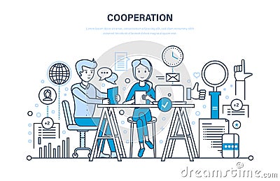 Concept of cooperation, collaboration, partnerships, teamwork, sales, marketing, discussion. Vector Illustration