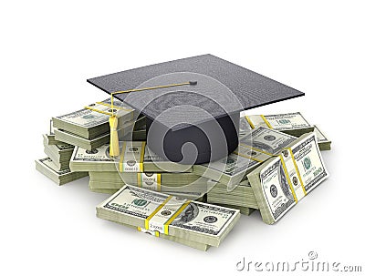 Concept, the cost of education. The graduate`s hat on a bundle of dollar bill. 3d illustration Cartoon Illustration