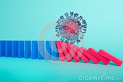 Concept of covid19 coronavirus pandemic with falling chain like a domino game. Contagion and infection progression. Cyan Stock Photo