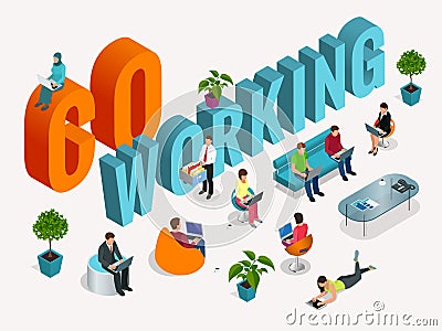 Concept of the coworking center. Business meeting. Shared working environment. People talking and working at the Vector Illustration