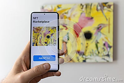 Concept of creation of a crypto art object. Create of a Non Fungible Token for sale on the NFT marketplace Stock Photo