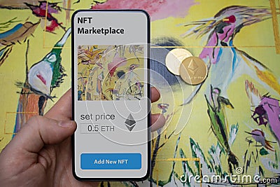 Concept of creation of a digital art object. Create of a Non Fungible Token for sale on the NFT marketplace Editorial Stock Photo