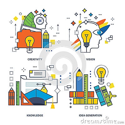 Concept of creativity, vision, knowledge, idea generation. Vector Illustration