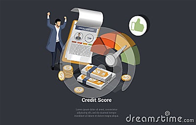 Concept Of Credit Score. Character Applying Documents For Mortgage Or Consumer Loan In Bank And Getting Report Vector Illustration