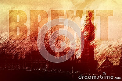 A concept of the crisis of the British government with the silhouette of the Houses of Parliament. Artistically edited to look dam Stock Photo