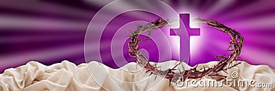 Concept - Crucifixion and resurrection of Jesus Christ - crown of thorns around silhouette of cross with canvas Stock Photo