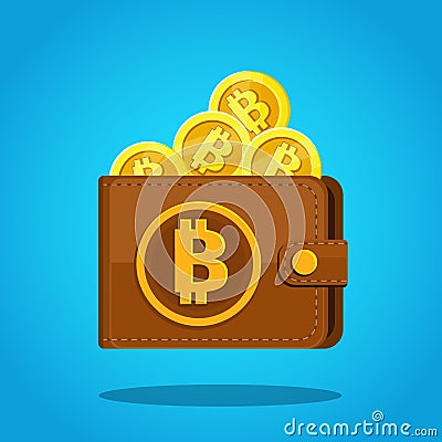 Concept of Crypto currency. Brown bitcoin wallet with coins Vector Illustration