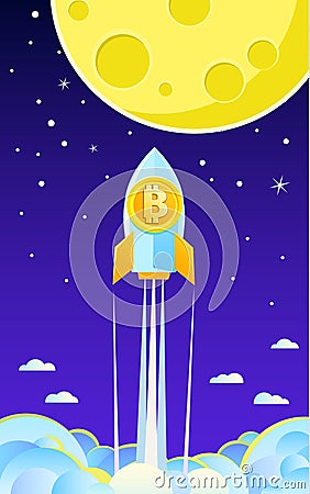 Concept of Crypto-currency. Rocket flying to the moon with bitcoin icon. Vector Illustration