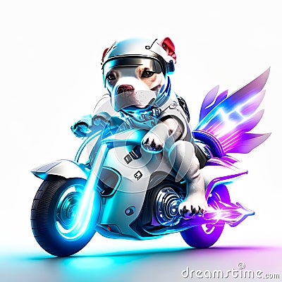 Concept cute pitbull riding a futuristic motocycle on white background Stock Photo