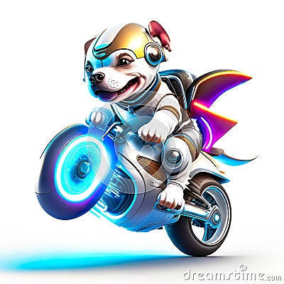 Concept cute pitbull riding a futuristic motocycle on white background Stock Photo