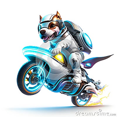 Concept cute pitbull riding a futuristic motocycle on white background Stock Photo