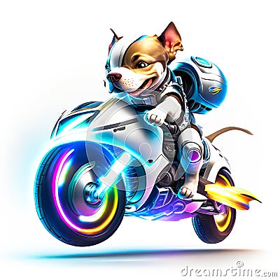 Concept cute pitbull riding a futuristic motocycle on white background Stock Photo