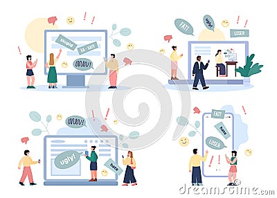 Vector illustrations with concept cyberbullying and online abuse in internet. Vector Illustration