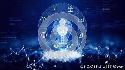 concept of cybersecurity protection technology on the internet. User icon in light bulb Surrounded by icons for various Stock Photo